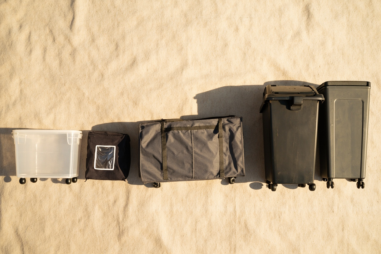 Flat lay of five under-bed bins on linen: clear plastic, fabric with window, 90L foldable, adjustable with lid, slim 4.5