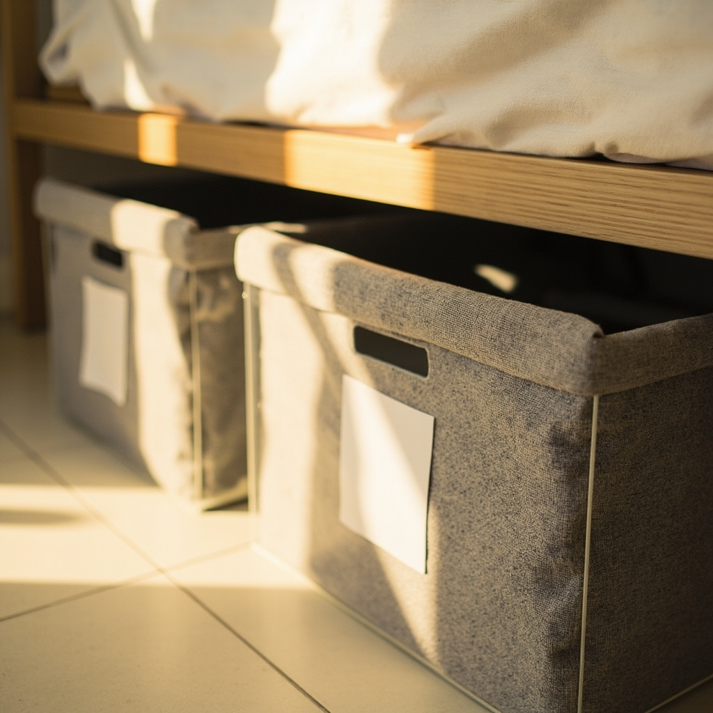 Three under-bed bins lined up at foot of bed with paper labels: Winter Sweaters, Shoes Casual, Linen Guest