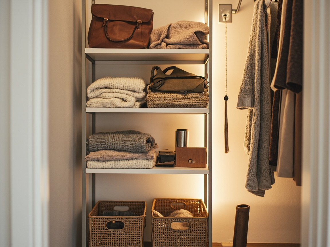 An organized walk-in closet with folded sweaters, baskets, and bags arranged by category