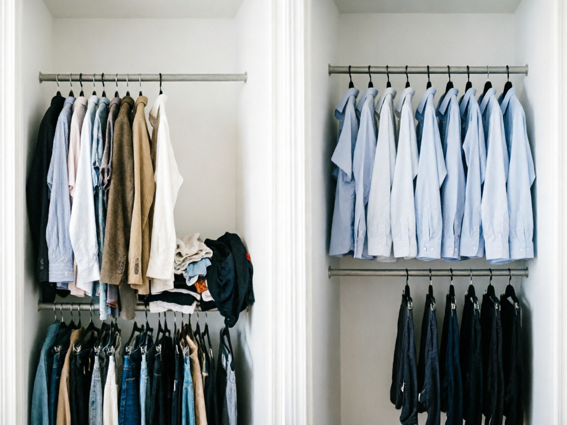 Closet hanging section with double rod installed showing shirts on upper rod and pants on lower rod with slim velvet hangers