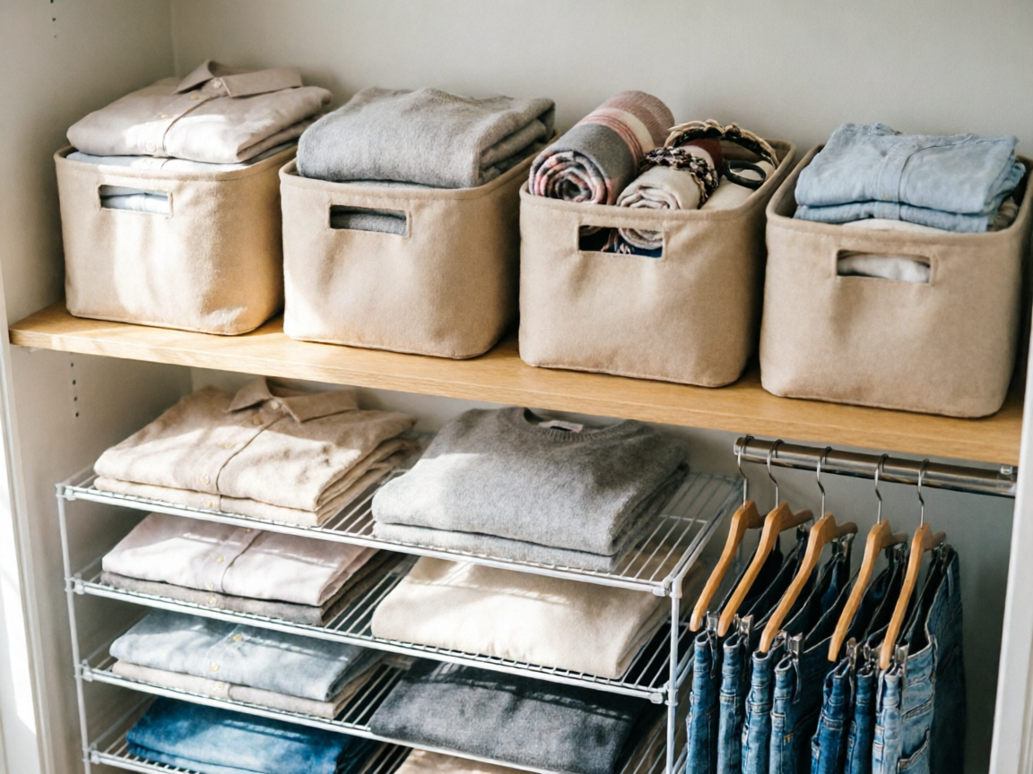 Closet fixed shelf with 4 large storage baskets organized by category and hanging shelf visible below the rod