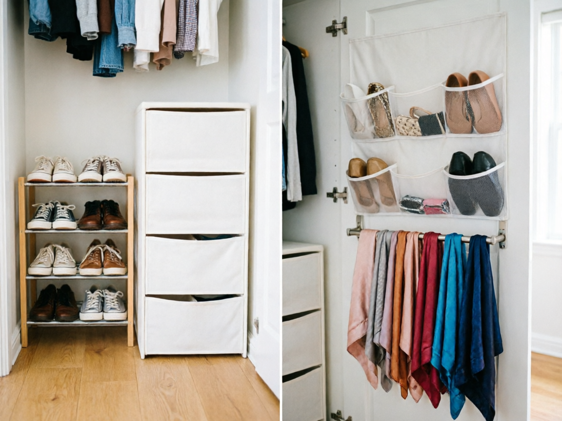 Closet floor with shoe rack and drawer system under hanging clothes, plus door back with over-door organizer and scarf hanger