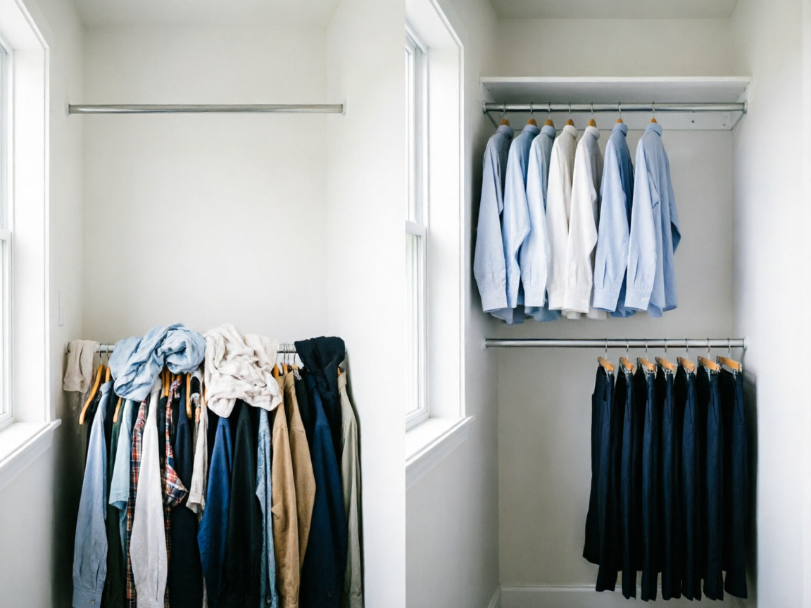 Empty reach-in closet showing 24-inch depth, single rod, and fixed shelf above