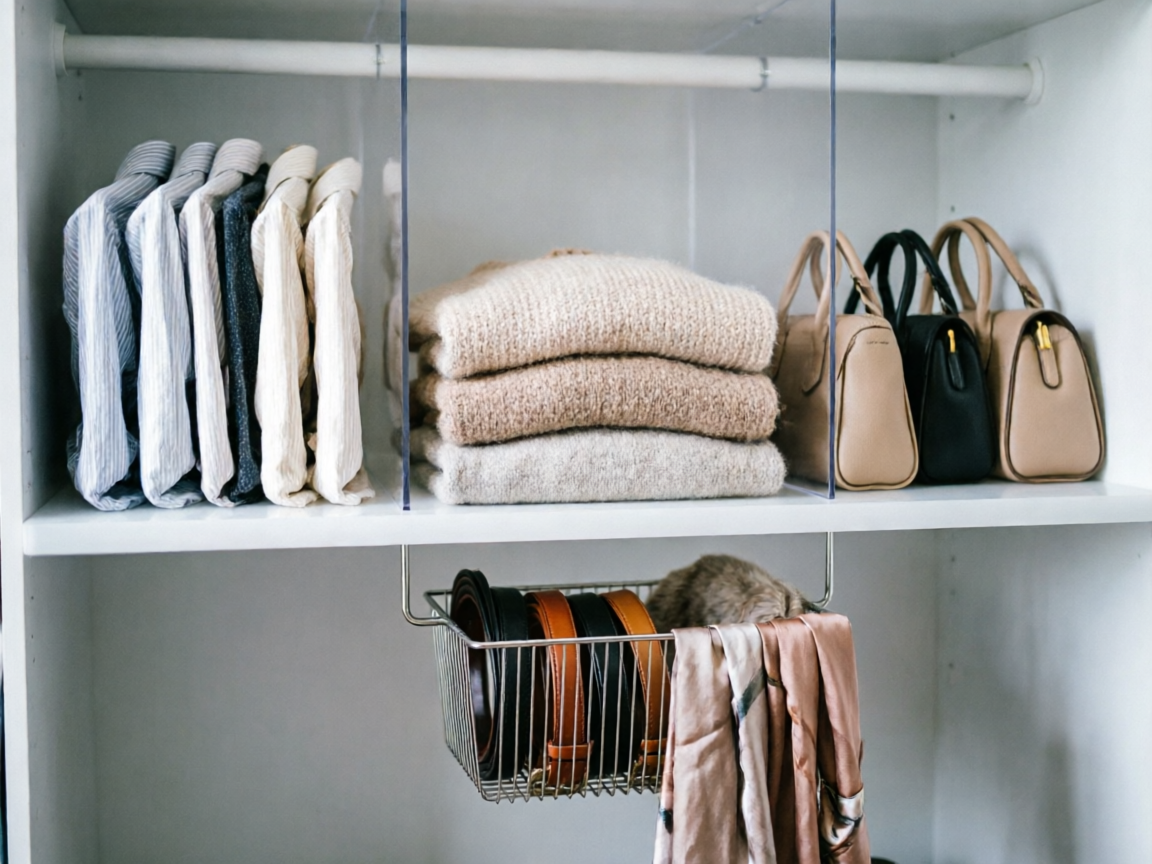 Items sorted into Keep/Donate/Trash piles on bed during reach-in closet empty and sort phase