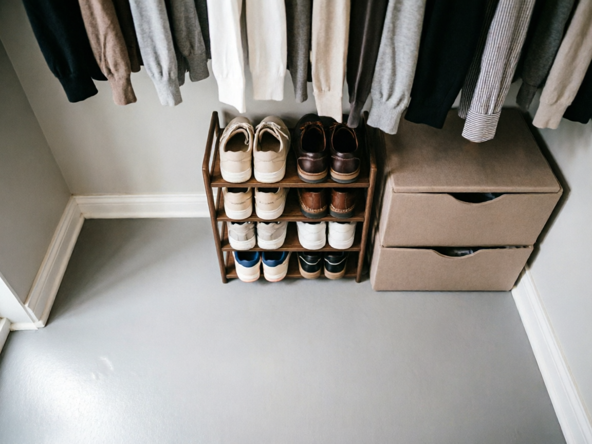 Reach-in closet upper shelf with clear dividers separating folded stacks organized by category