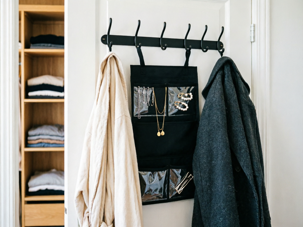Double-door reach-in closet organized with double rod, shelf dividers, and labeled zones