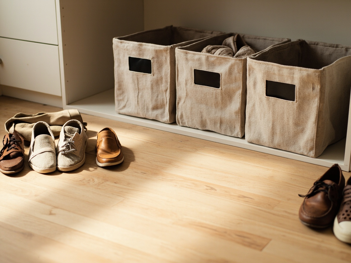 Four labeled fabric bins in a walk-in closet floor corner staged as Trash, Donate, Keep, Relocate with shoes being sorted