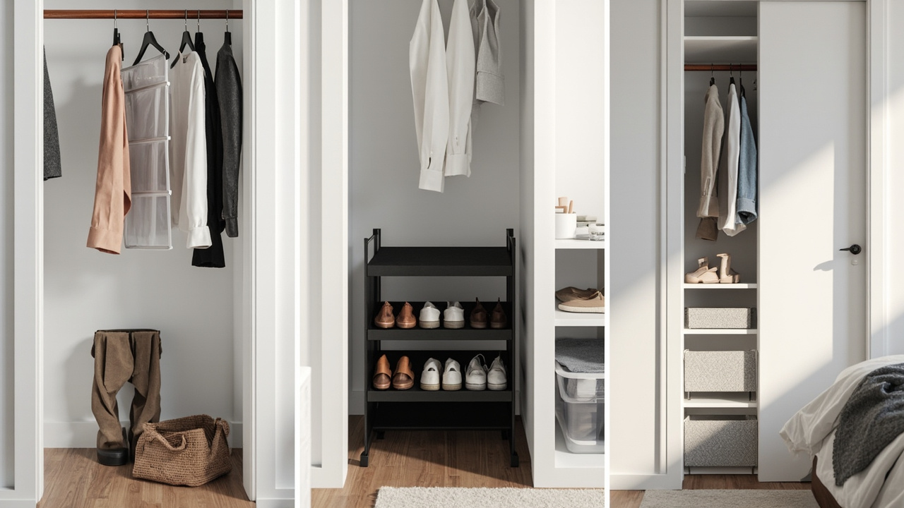 Three closet types side by side: reach-in with over-door, walk-in with floor rack, small apartment with bedroom door