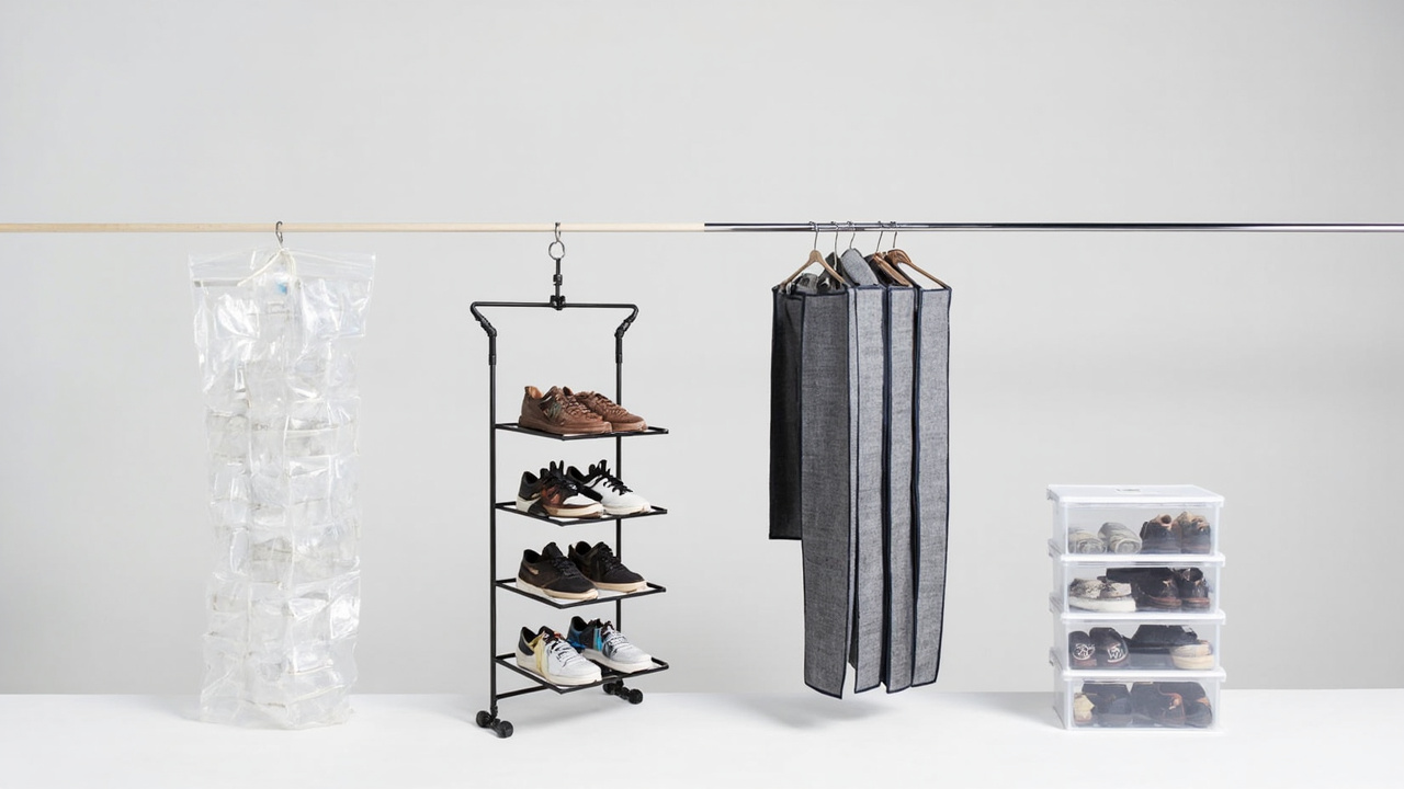 Four shoe organization systems side by side — over-door organizer, floor rack, hanging shelf, and stackable clear boxes