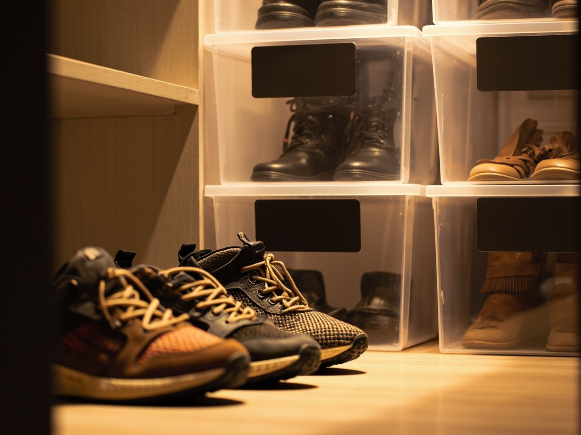 Closet floor with daily-wear shoes in front row and stacked clear plastic boxes holding seasonal rotation pairs in back