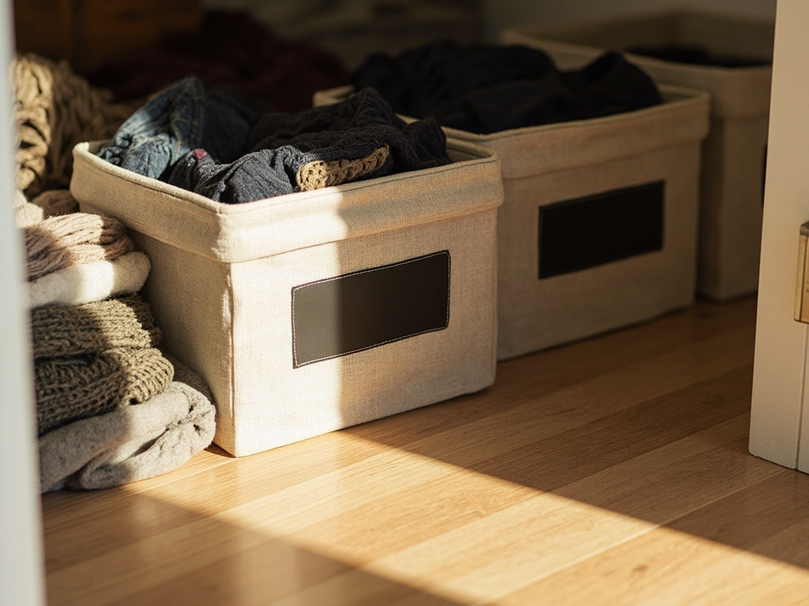 Four labeled fabric bins in small reach-in closet floor corner staged as Trash, Donate, Keep, Relocate quadrants