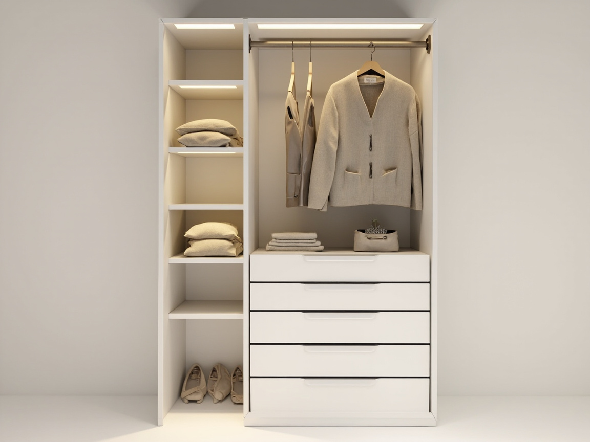 Small reach-in closet after 5-step organization — single rod + over-door + hanging 6-tier shelf