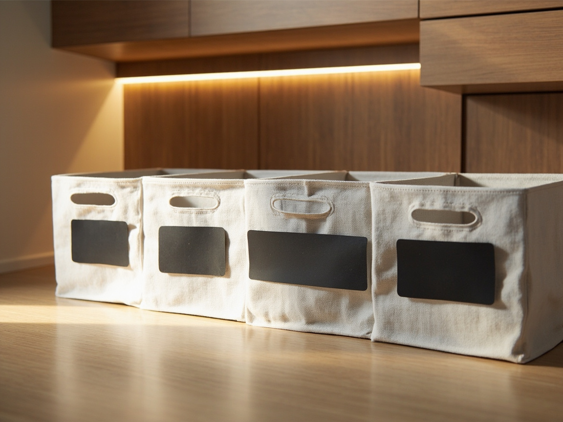 Four labeled fabric bins in a walk-in closet corner staged as Trash, Donate, Sell, and Relocate quadrants