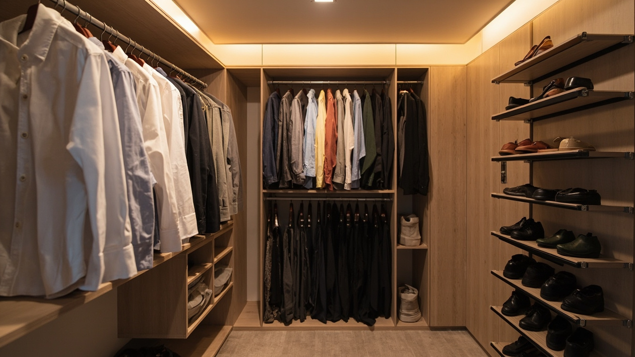 Mid-size U-shape walk-in closet with double-hanging rod on the back wall
