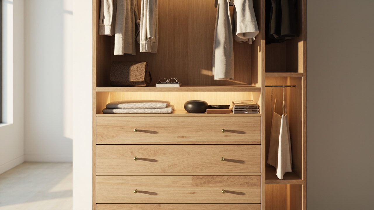 Freestanding modular wood closet system with 4 wooden drawers and hanging rod installed in a walk-in closet