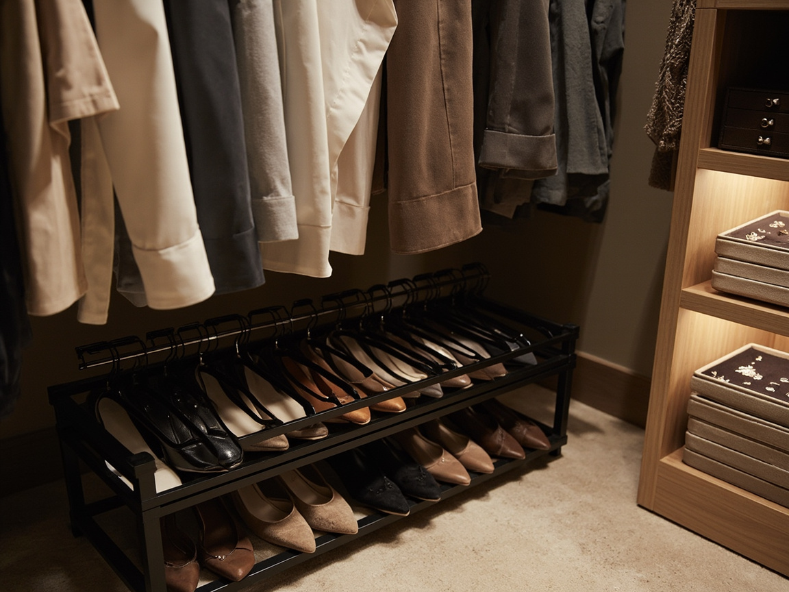 Walk-in closet with velvet hangers on the rod, 3-tier shoe rack on the floor, and stackable velvet jewelry trays