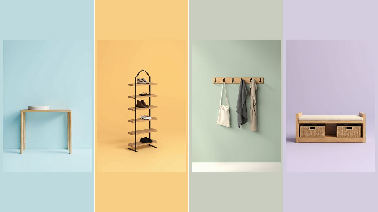 Top-down diagram of a 10-foot wide entryway with 4 color-coded zones: drop, shoe storage, coat hooks, and bench