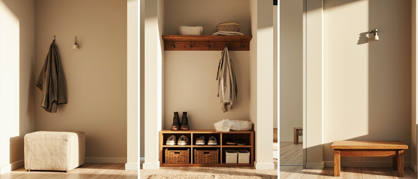 Three entryway scenarios compared: narrow rental with ottoman, family with shoe bench, and small apartment drop zone