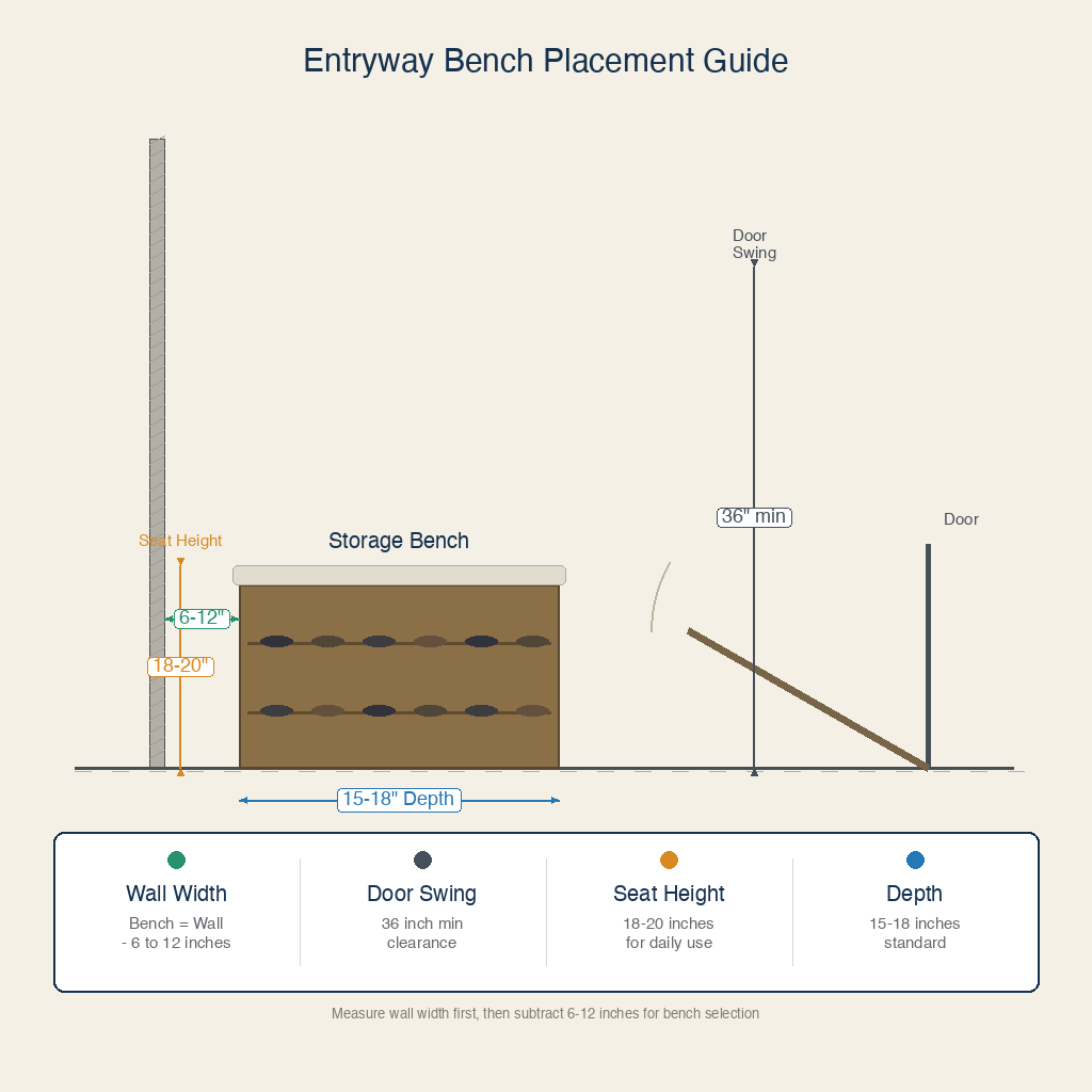 Entryway bench placement diagram showing wall width clearance, depth, 18-inch seat height, and 36-inch door swing