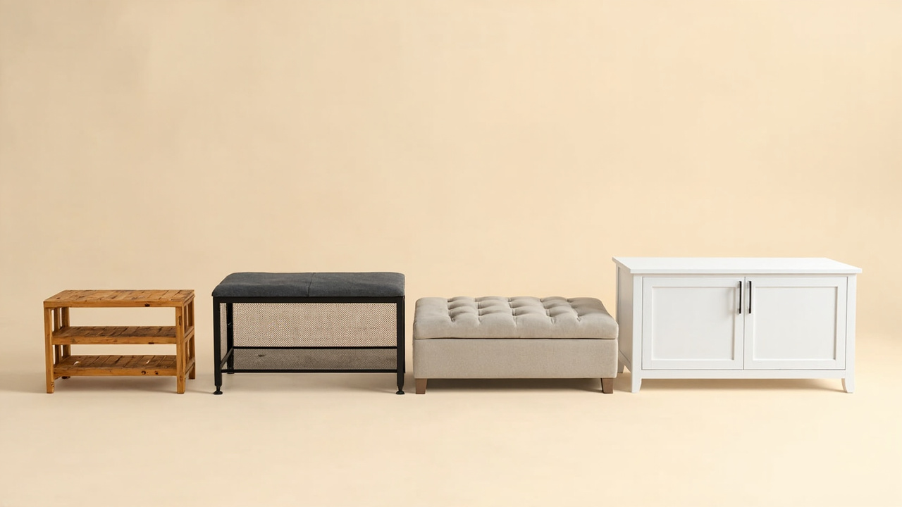 Four entryway bench types compared: open shoe bench, cushioned storage bench, folding ottoman, and barn-door cabinet