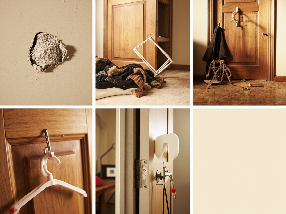 Photo collage of wall damage, broken furniture, and door mishaps from common coat hook installation mistakes