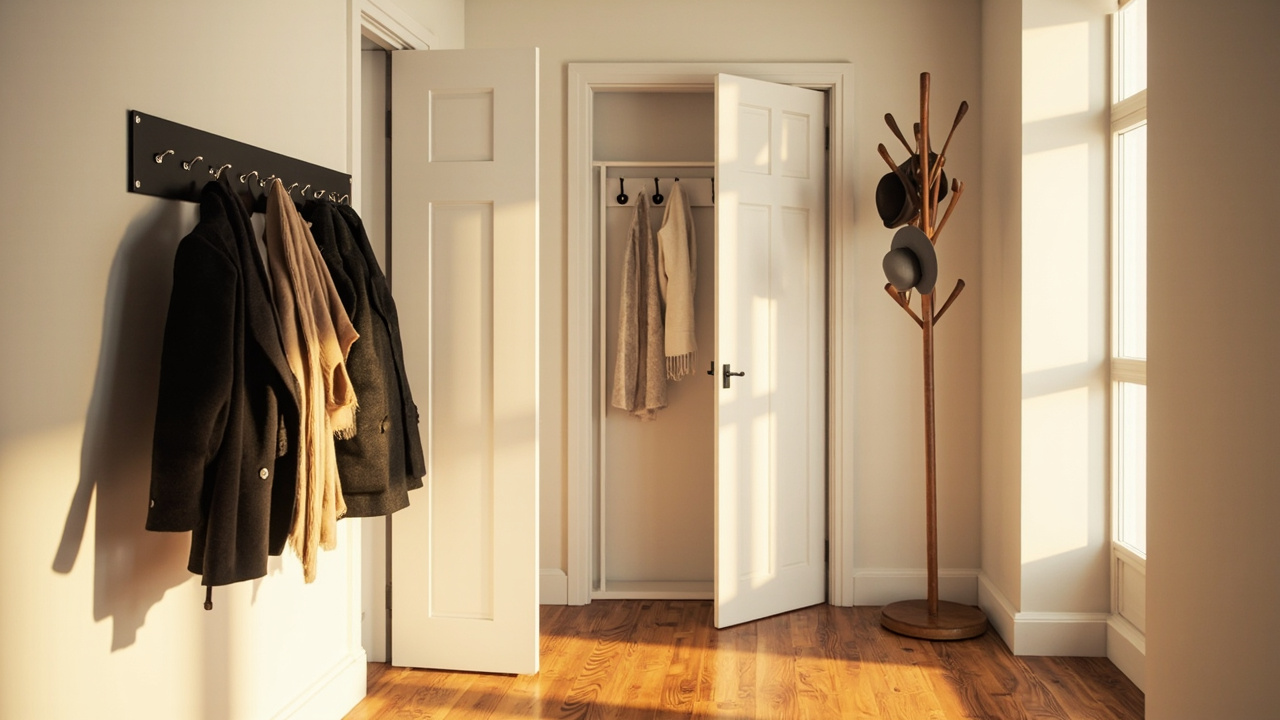 Side-by-side comparison of wall-mounted, over-the-door, and standing entryway coat hook systems