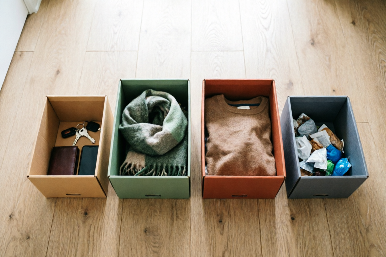 Top-down view of four labeled boxes: KEEP, RELOCATE, DONATE/SELL, and TRASH, illustrating the 4-pile triage.
