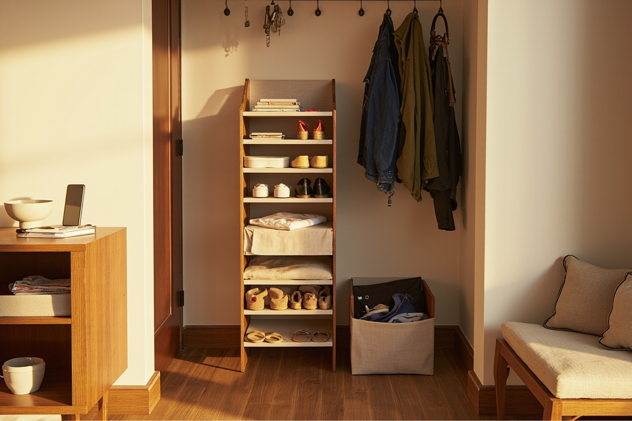 Completed 4-zone system: narrow console, vertical shoe tower, over-door hooks, and storage bench.