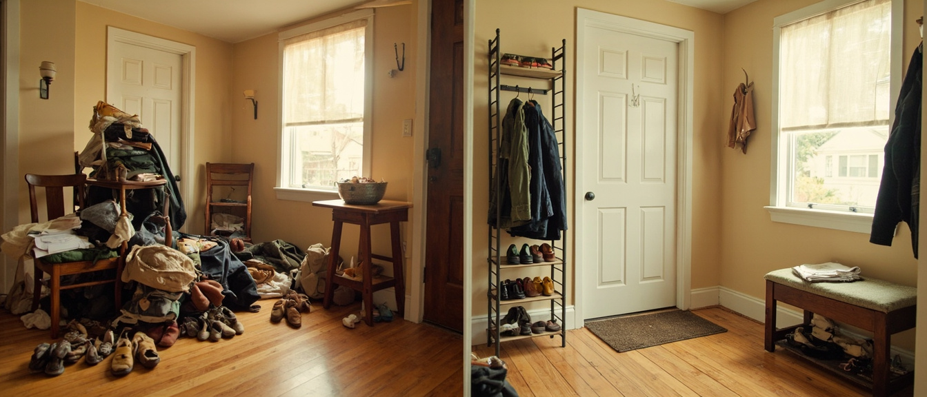 Before-and-after of a small entryway: cluttered left side vs decluttered 4-zone right side.