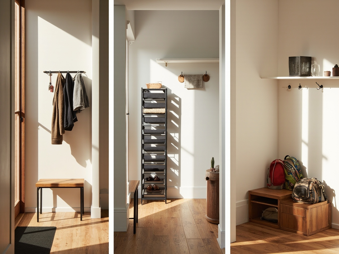 Three entryway scenes: rental with over-door hooks, narrow with wall-mounted shelf, family with kid-height hooks.