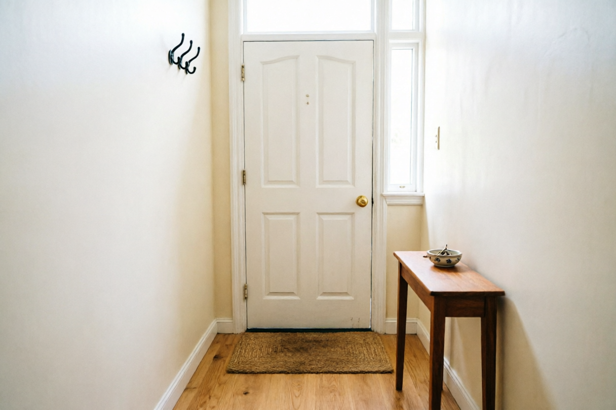 Empty entryway with painted walls and a single empty coat hook, illustrating Step 1.