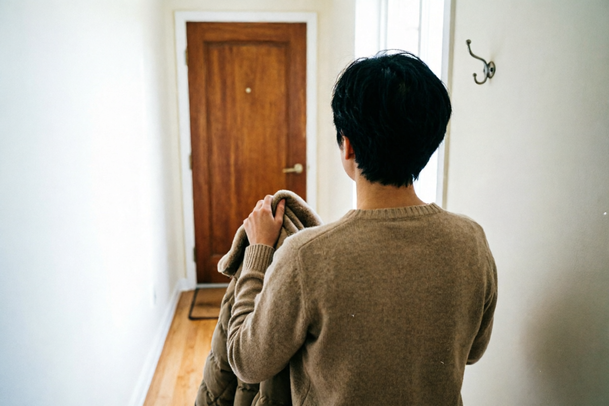 Person in an empty entryway holding a winter coat thoughtfully, illustrating the KonMari Joy Check.