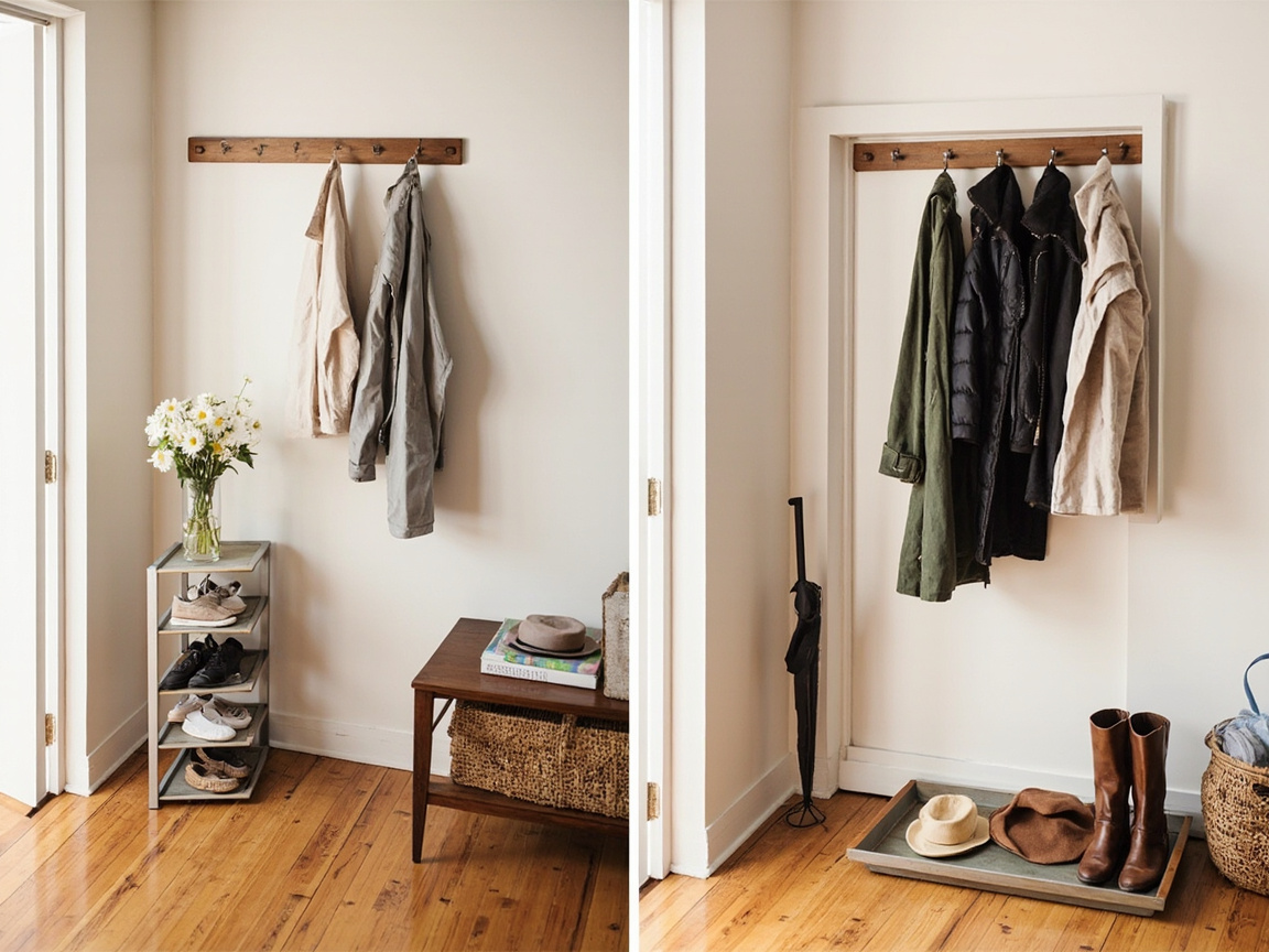 Seasonal entryway rotation: spring setup with light jackets vs fall setup with heavy coats and boots.