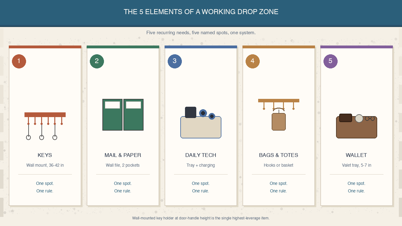 Numbered infographic of the 5 drop zone elements: keys, mail, daily tech, bags, wallet