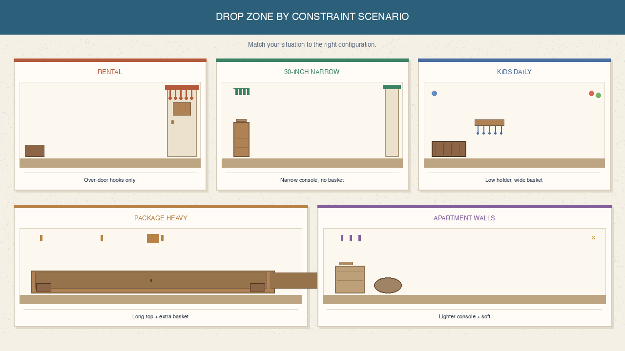 Five small vignettes showing constraint scenarios: rental, narrow hallway, kids, packages, and apartment shared walls