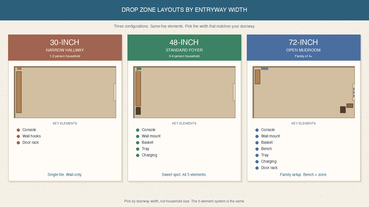 Three-panel comparison of drop zone layouts for 30-inch, 48-inch, and 72-inch entryway widths