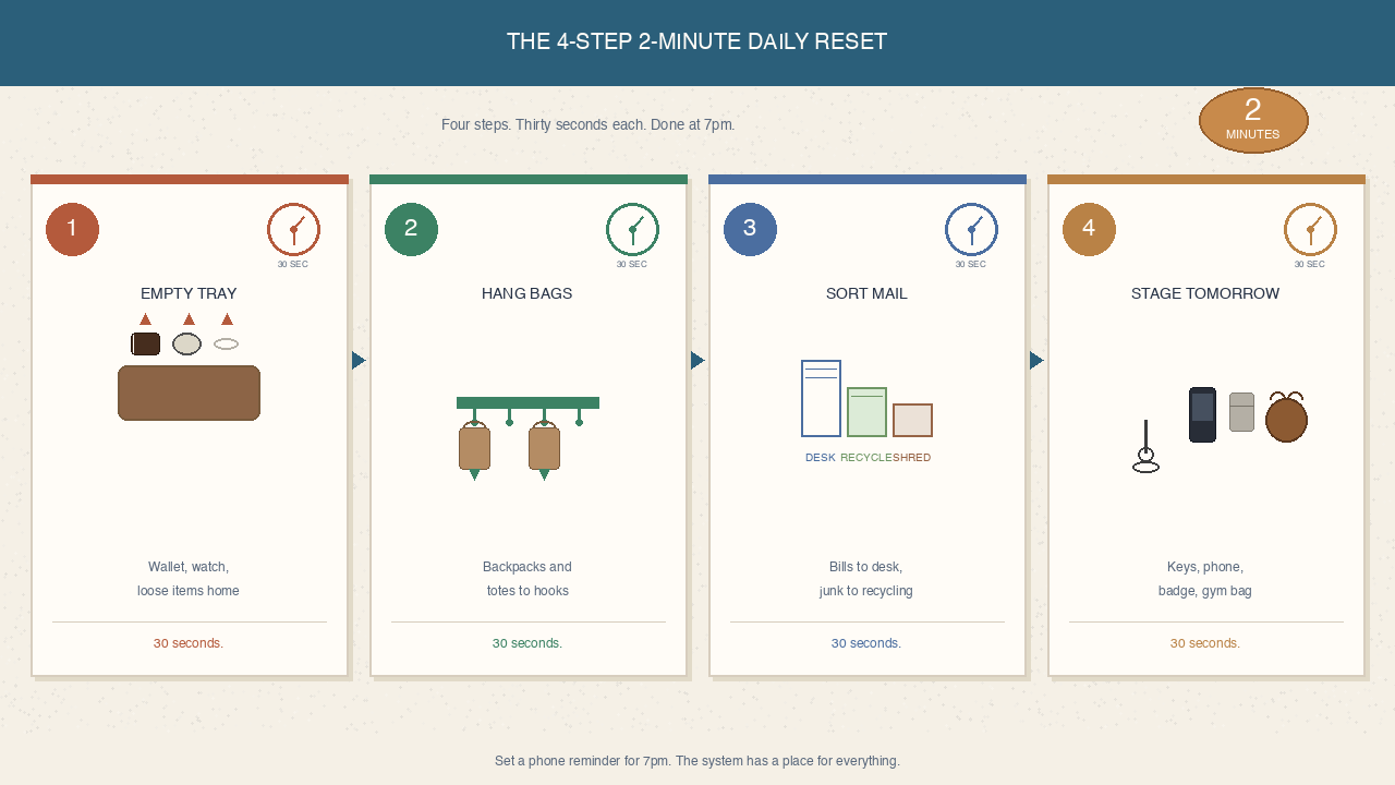 Infographic showing the 4-step 2-minute daily reset: empty tray, hang bags, sort mail, stage tomorrow
