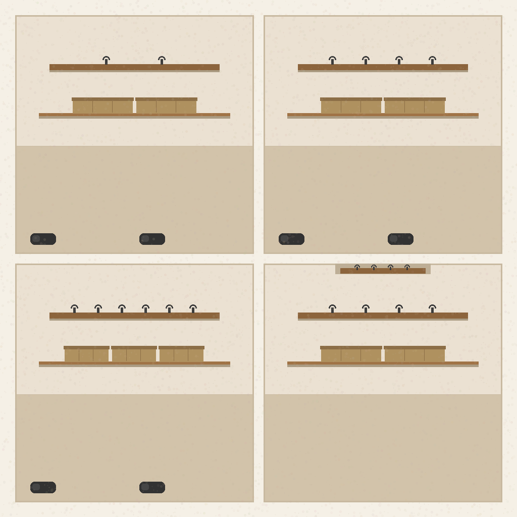 Three-panel comparison of 2-person, 4-person, and 6+ person entryway reset configurations side by side