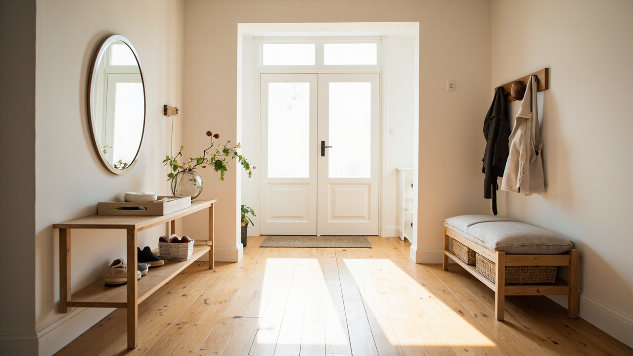 Bright organized entryway with shoe bench, wall hooks, and double front doors