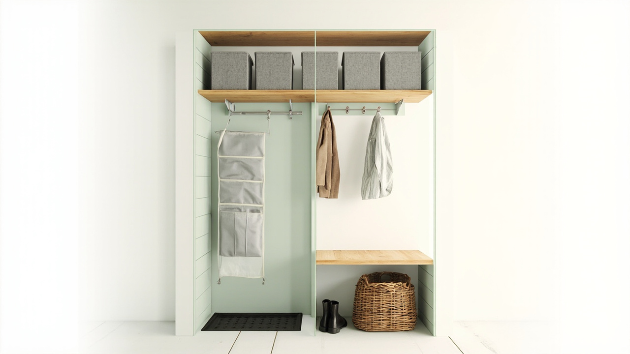 Diagram of an entryway wall divided into five labelled storage zones from wall hooks down to floor tray
