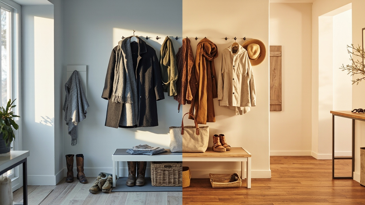 Split comparison showing winter entryway with wool coats and snow boots versus summer entryway with light jackets and sandals