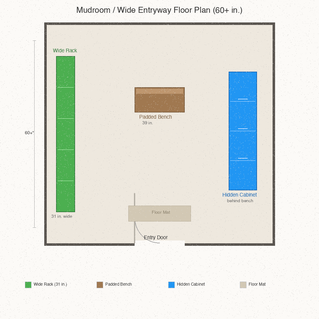 Top-down floor plan of a 60-inch mudroom with a wide rack, padded bench, and hidden cabinet behind the bench