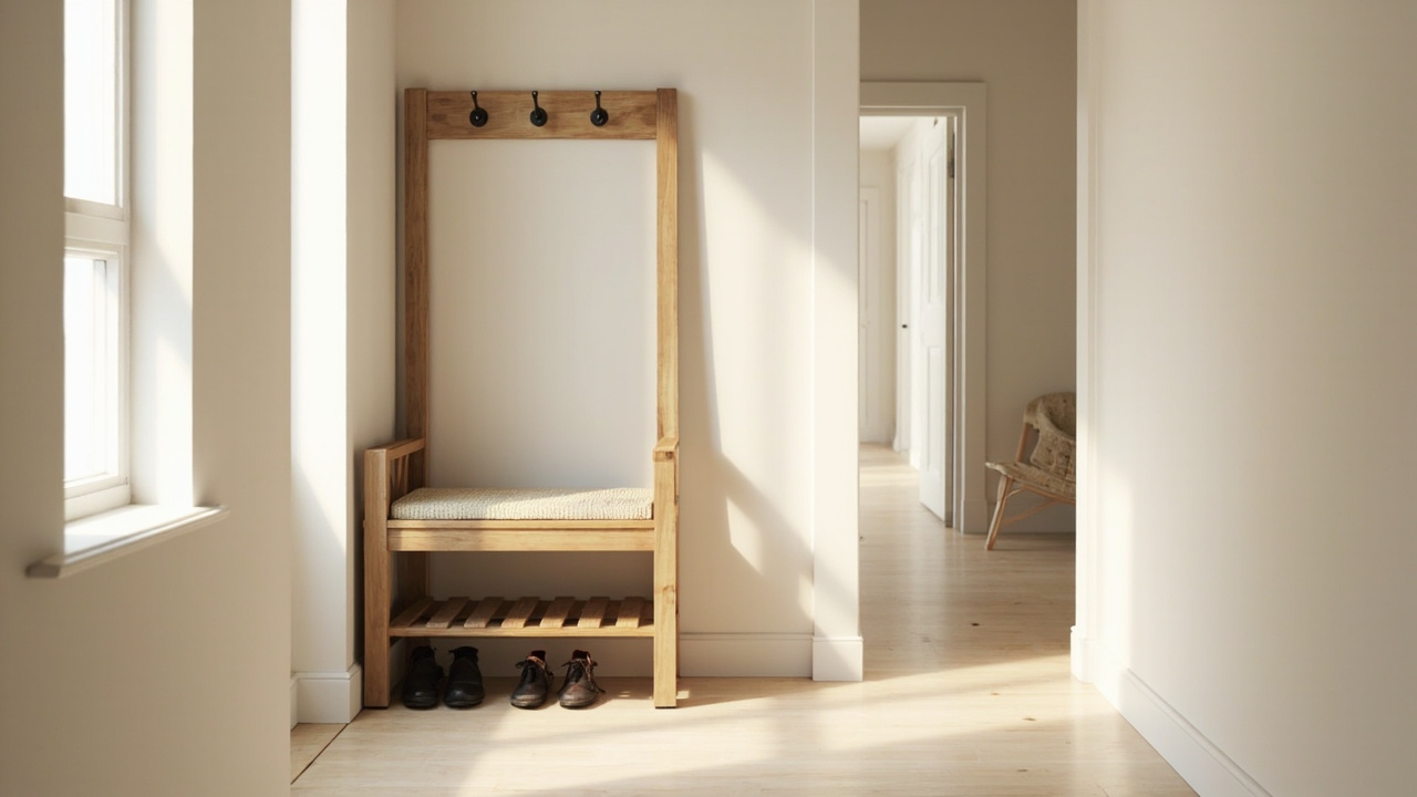 Medium entryway with hall tree, coat hooks, shoe bench, and clear path