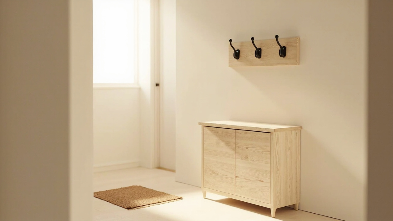 Narrow entryway with slim shoe cabinet and wall coat hooks