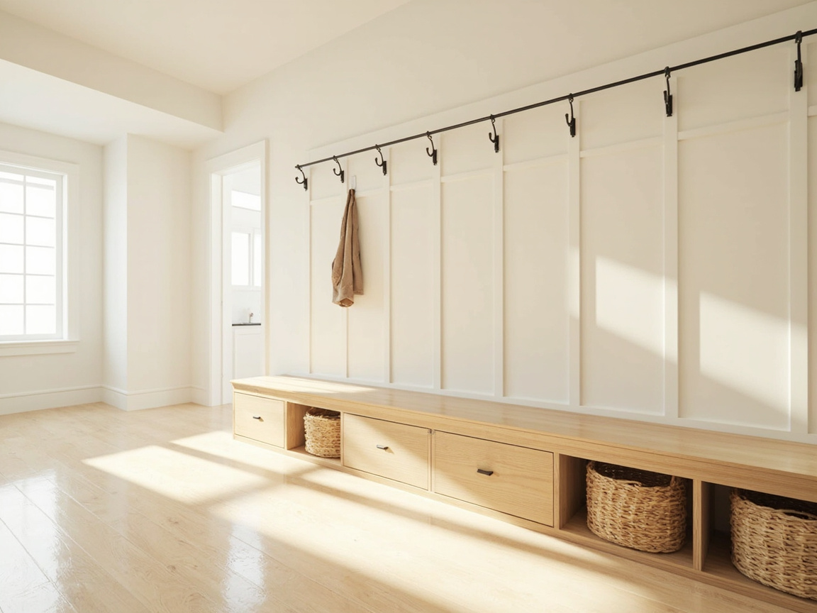 Wide entryway with covered shoe bench and separate coat hook rail