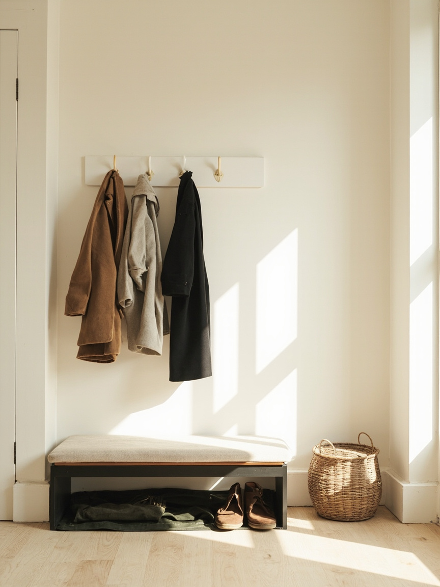 Seasonal entryway reset with current coats, daily shoes, and boot tray