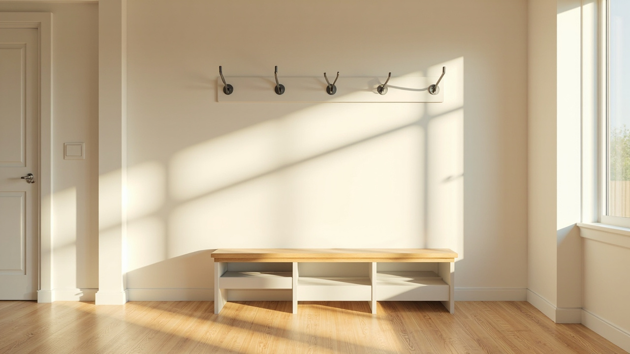Medium 4-foot entryway with wall-mounted coat rack over a wooden bench