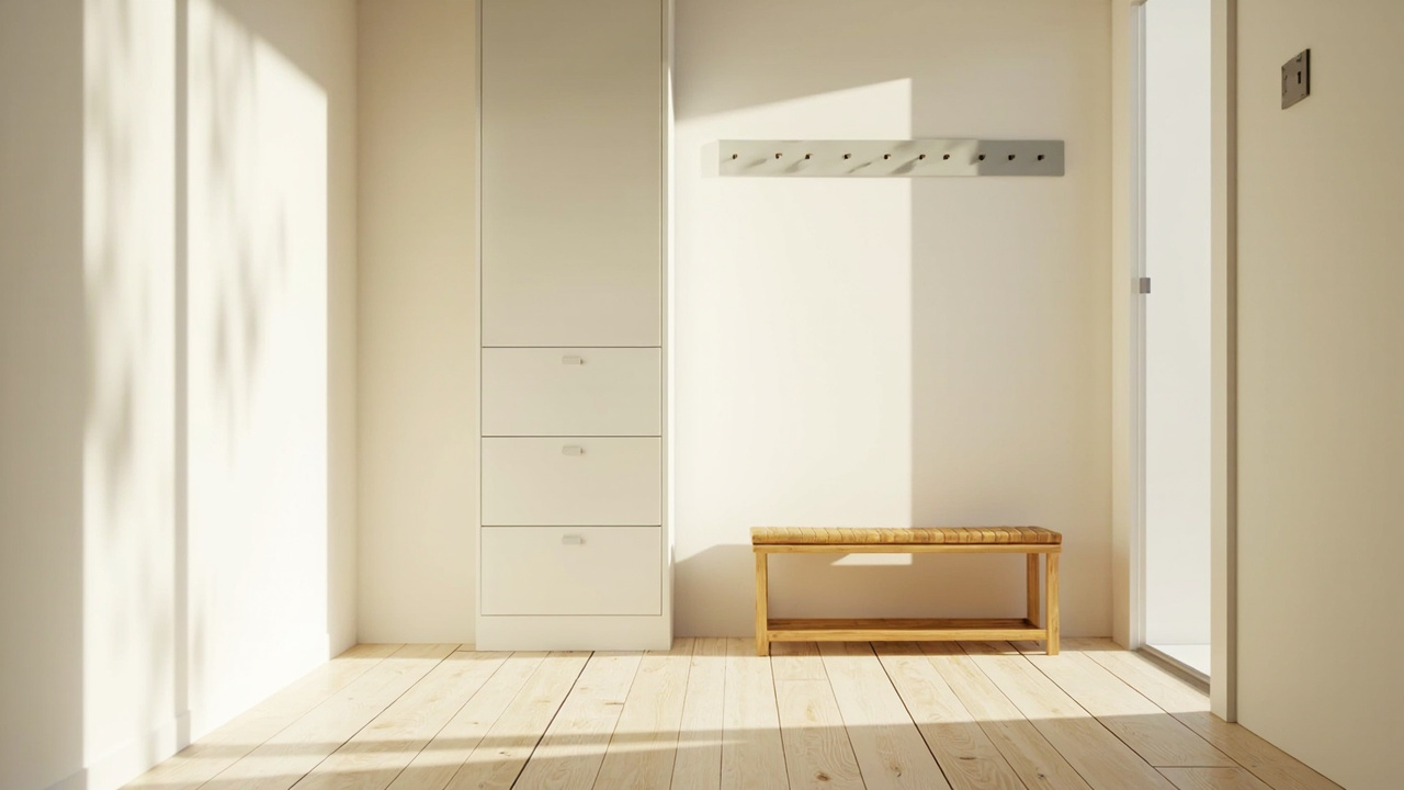 Narrow entryway under 3 feet wide with slim shoe cabinet, wall hook strip, and bamboo shoe bench