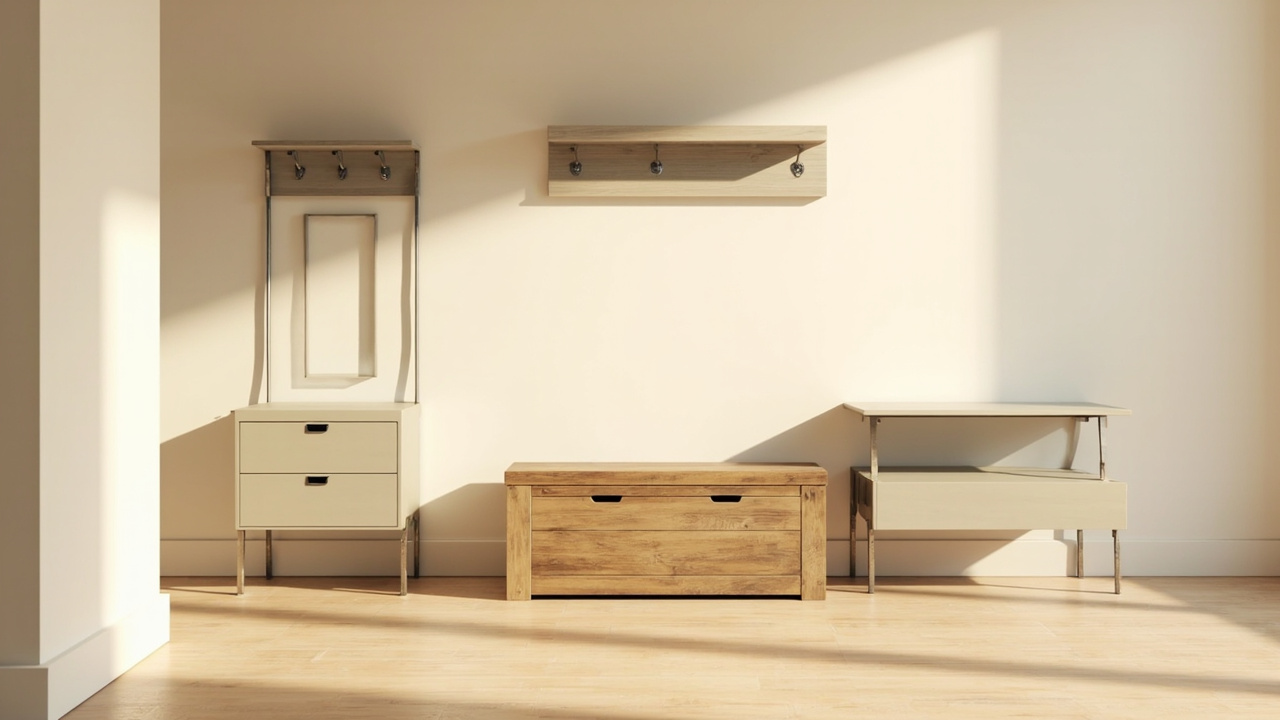 Wide 7-foot foyer with storage bench, slim shoe cabinet, and 3-in-1 hall tree on the side wall