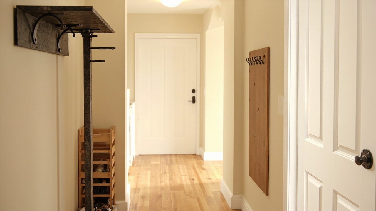 Narrow entryway under 36 inches with wall coat rack, vertical shoe tower, and key holder